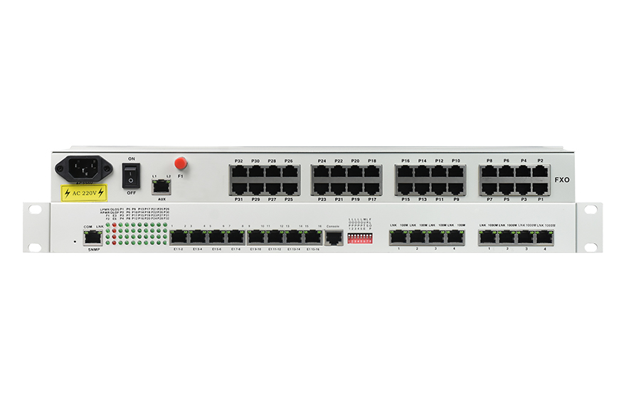 飛暢科技-32路電話+16E1+4FE+4GE+2路數(shù)據(jù)+SNMP+console（19英寸，物理隔離）電話光端機